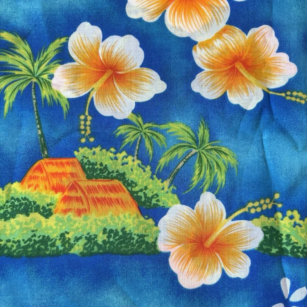3.3 Yards Vintage‎ GVH Hawaii Print Fabric Tropical Floral Hibiscus Blue Orange